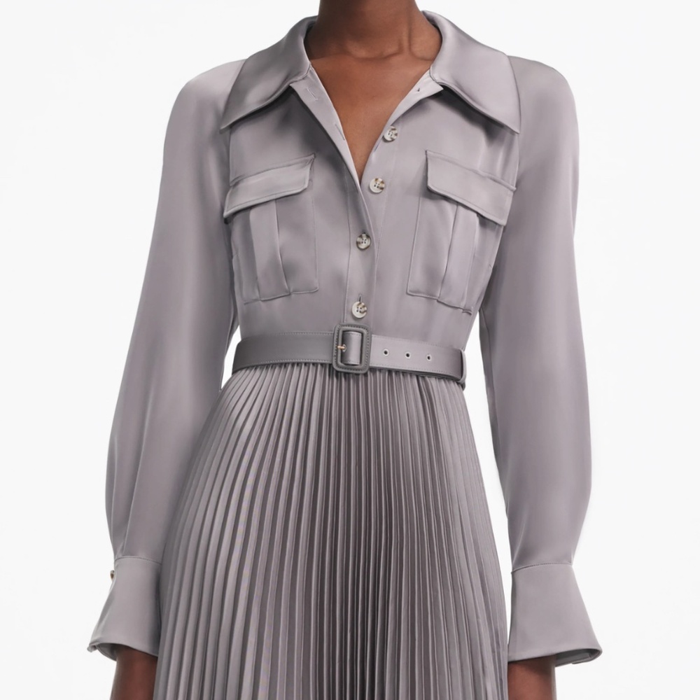 self-portrait Grey Satin Pleated Maxi Dress - Size US0 - MSRP $765 - NWT - Picture 4 of 8